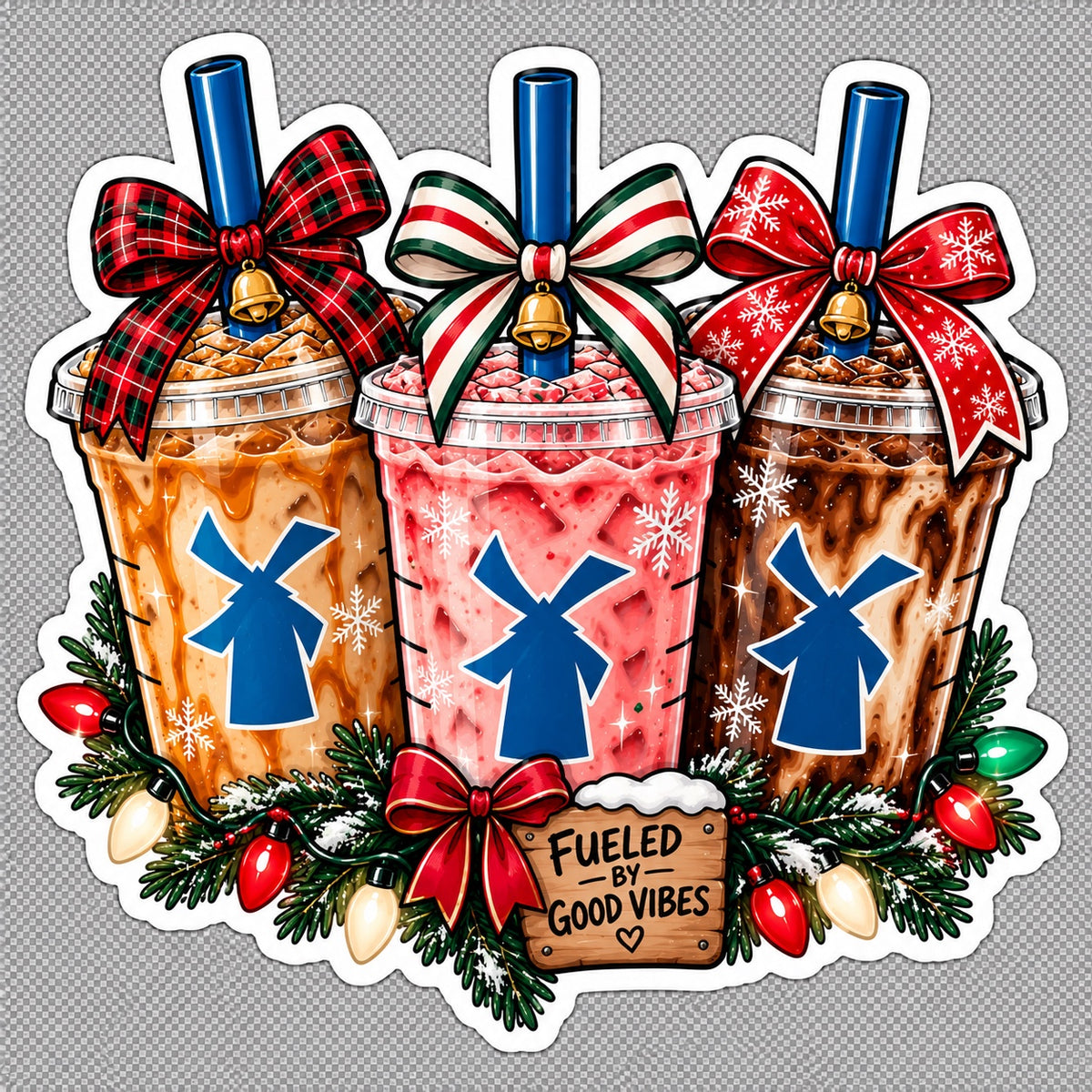 Christmas Dutch Bros-inspired iced coffee trio sticker with festive bows holiday lights greenery and fueled by good vibes sign