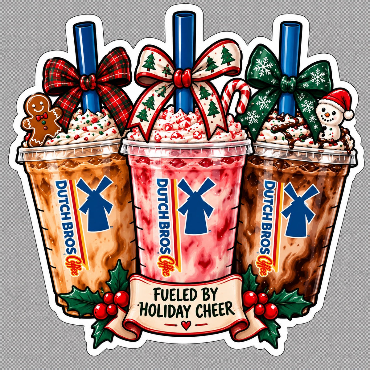 Christmas Dutch Bros-inspired iced coffee trio sticker with festive bows gingerbread snowman candy cane and fueled by holiday cheer banner