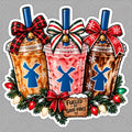 Holiday Dutch Bros-inspired iced coffee trio sticker with festive bows Christmas lights greenery and fueled by good vibes sign