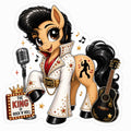 Rock and roll music pony sticker inspired by Elvis with white rhinestone jumpsuit, vintage microphone, black guitar and King of Rock and Roll sign