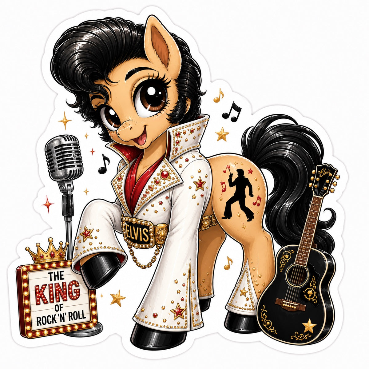Rock and roll music pony sticker inspired by Elvis with white rhinestone jumpsuit, vintage microphone, black guitar and King of Rock and Roll sign