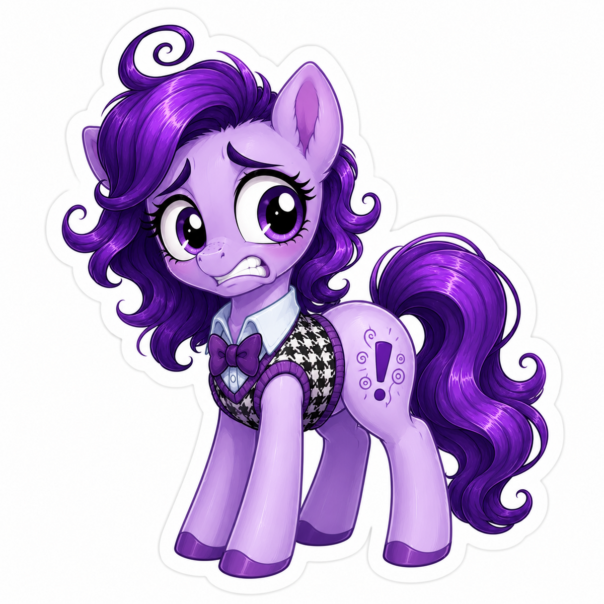 Fear inspired purple pony sticker with worried expression, curly purple mane, bow tie and black-and-white patterned sweater vest
