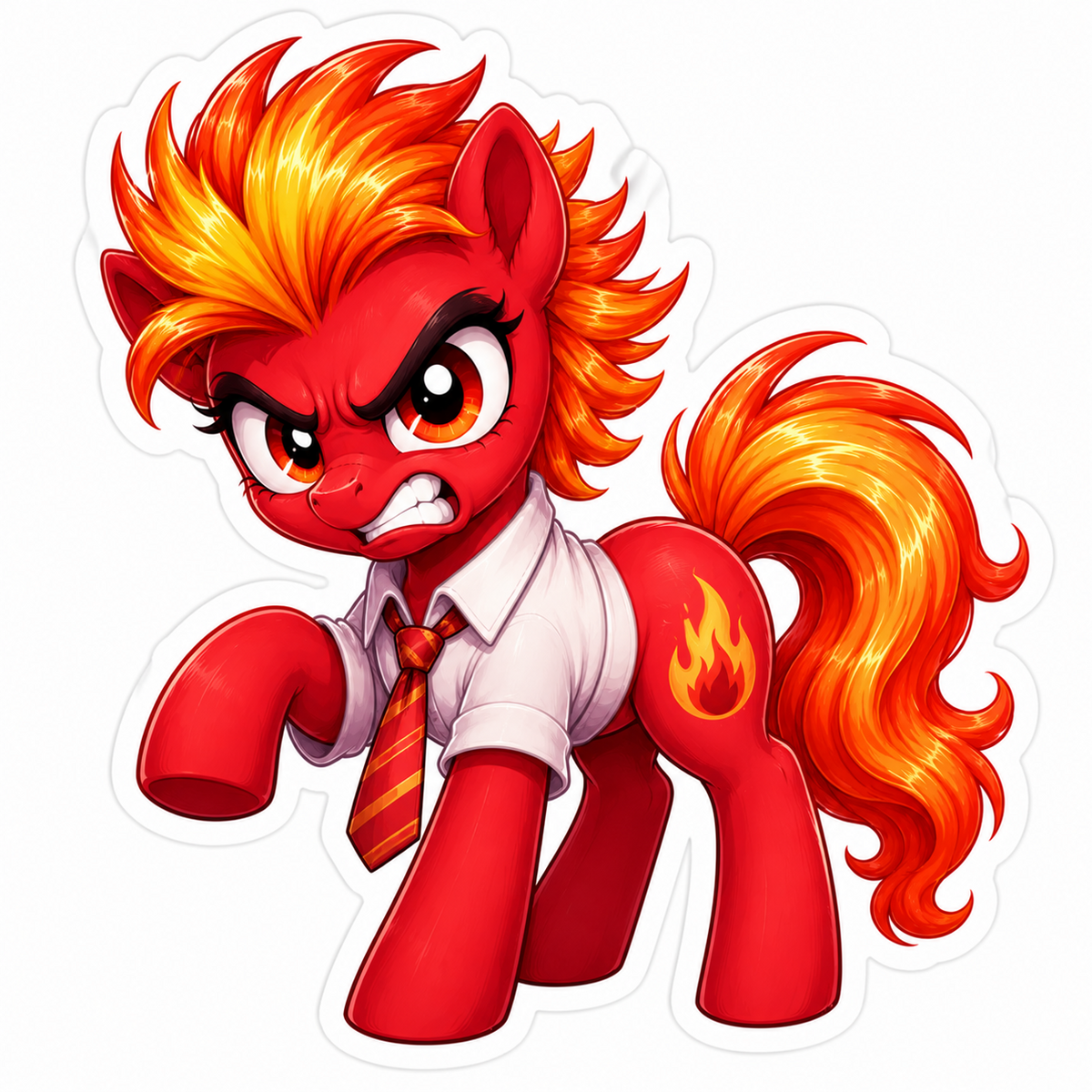 Fiery red pony sticker with orange flame mane, angry expression, white shirt and striped tie