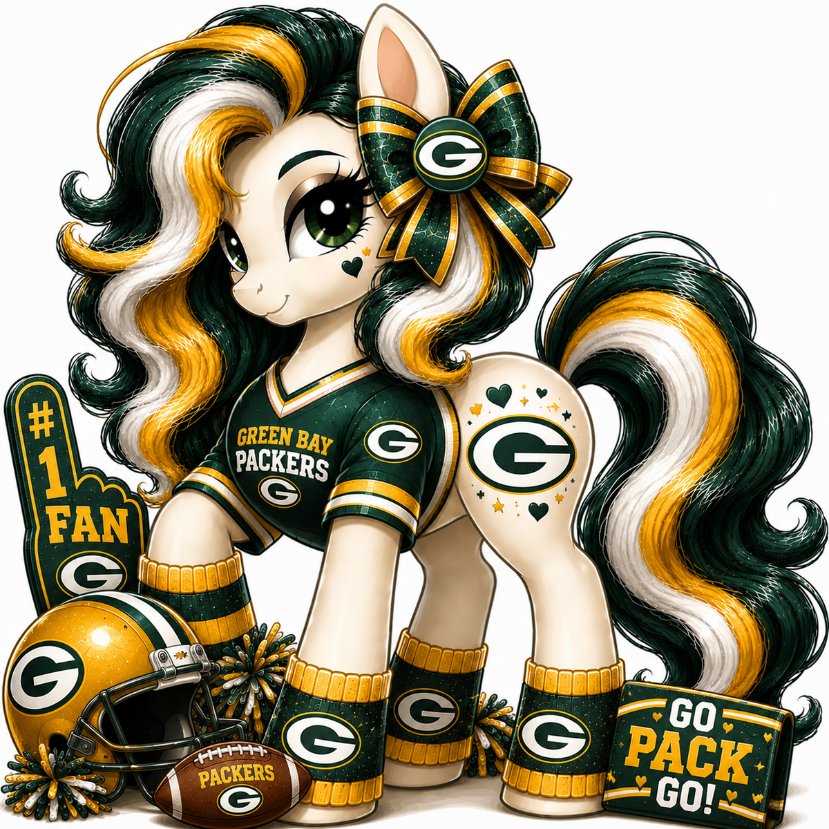 Green Bay Packers fan pony sticker in green, gold and white with football helmet, bow and game-day accessories