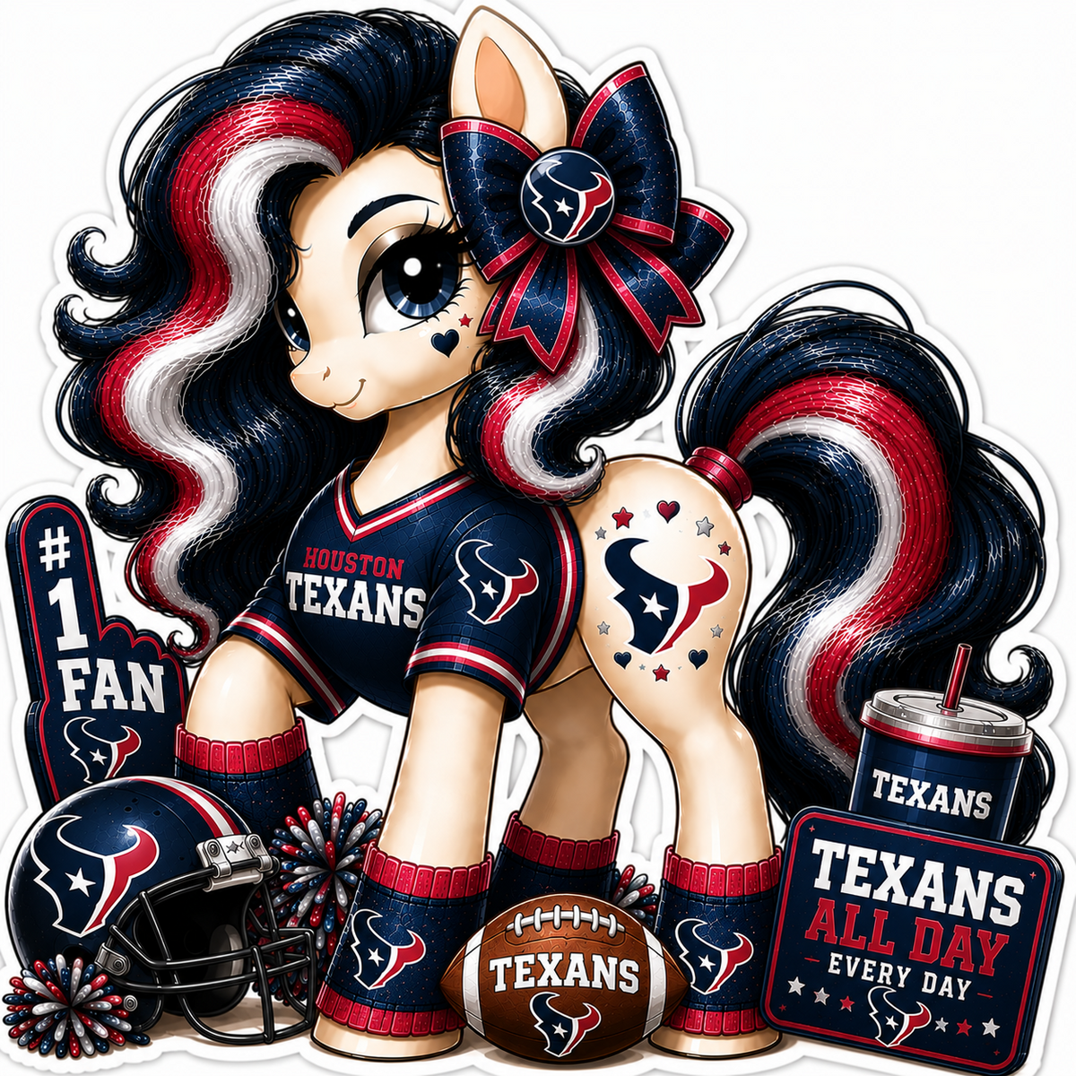 Houston Texans fan pony sticker in navy, red and white with football helmet, bow and team fan gear