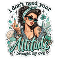 Retro woman in sunglasses giving the middle finger with teal coastal accents and text I Don't Need Your Attitude I Brought My Own