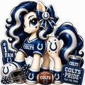 Indianapolis Colts fan pony sticker in blue and white with horseshoe details, football helmet and team fan gear