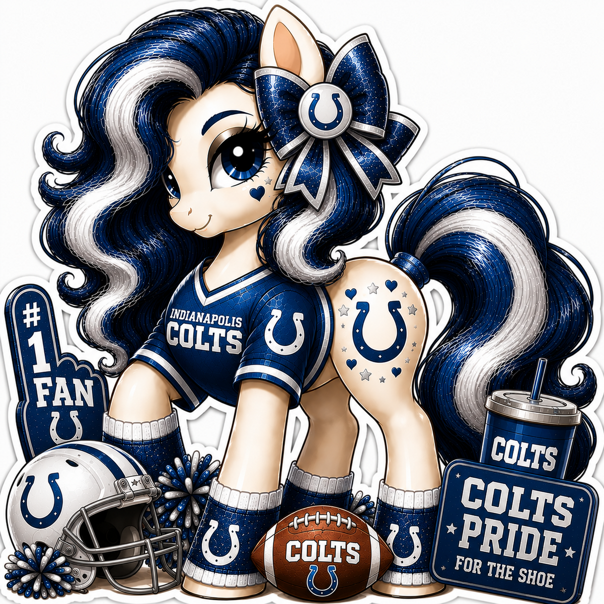 Indianapolis Colts fan pony sticker in blue and white with horseshoe details, football helmet and team fan gear