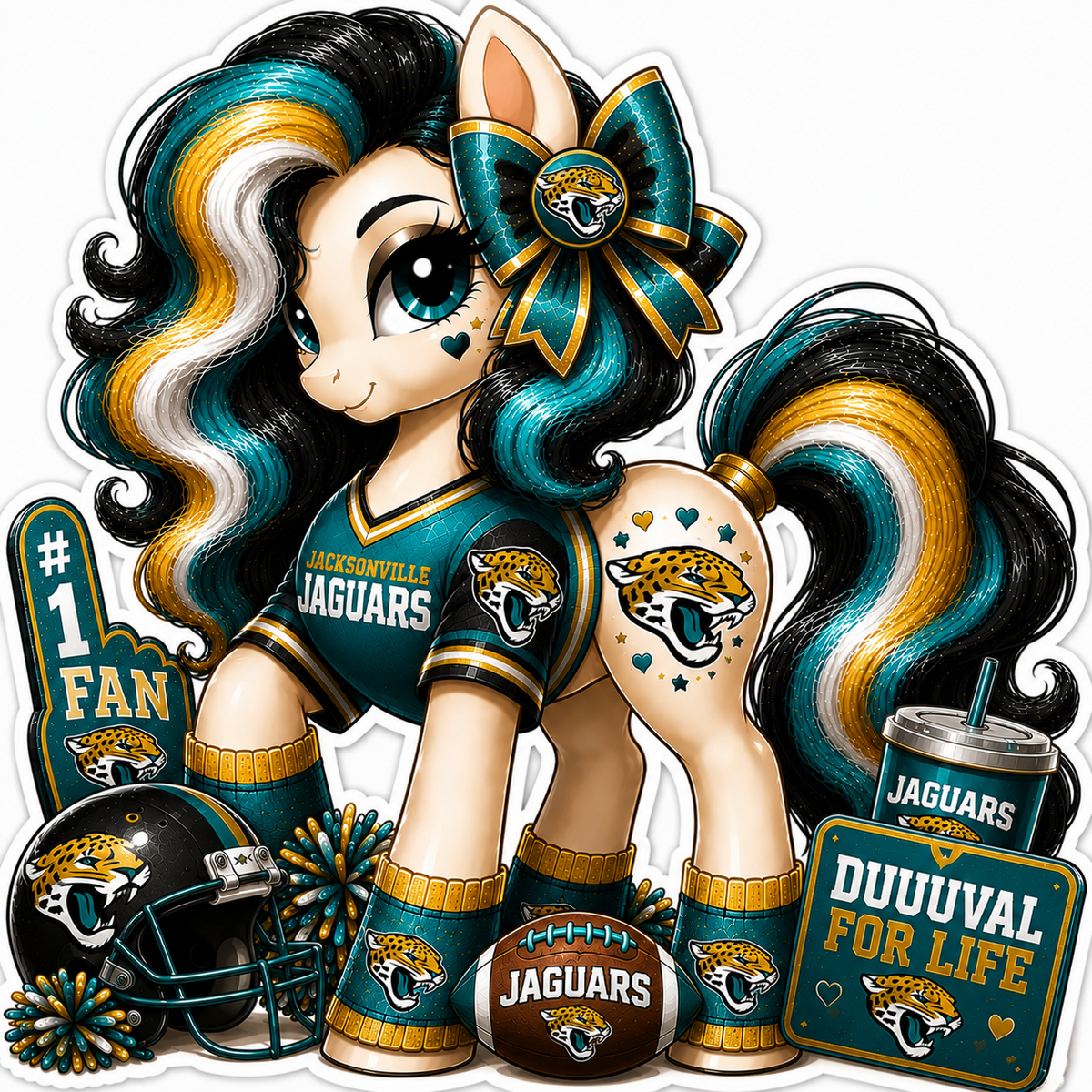Jacksonville Jaguars fan pony sticker in teal, black, gold and white with football helmet and game-day accessories