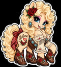 Blonde country pony sticker with red roses, turquoise jewelry, embroidered western outfit and Jolene lettering