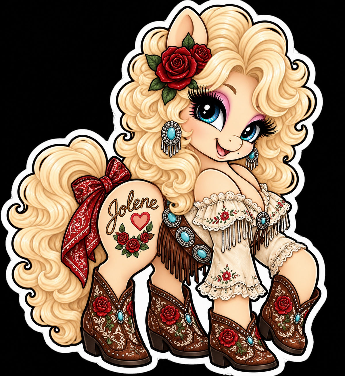 Blonde country pony sticker with red roses, turquoise jewelry, embroidered western outfit and Jolene lettering