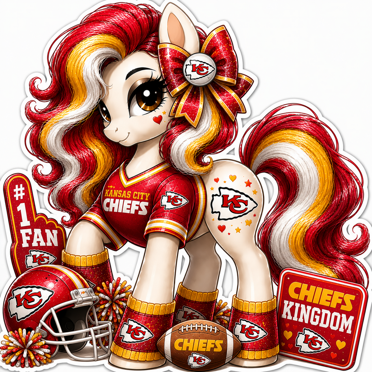 Kansas City Chiefs cheer pony sticker in red, gold and white with football helmet and game-day details