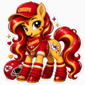 Kansas City Chiefs fan pony sticker in red, gold and white with football helmet, cap, bandana and team fan gear