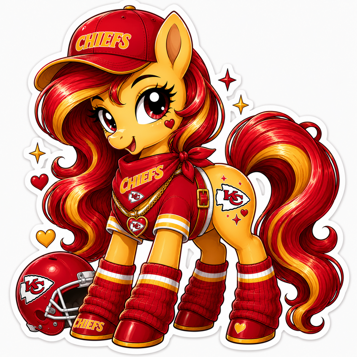 Kansas City Chiefs fan pony sticker in red, gold and white with football helmet, cap, bandana and team fan gear