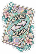 Karma Karma coastal card sticker with teal waves, shells, clovers, moons and pastel sparkles