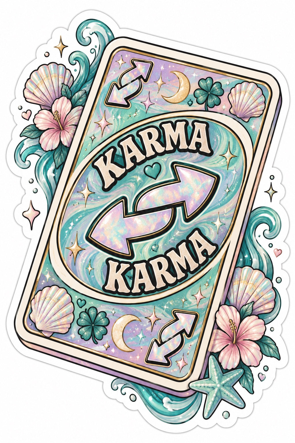 Karma Karma coastal card sticker with teal waves, shells, clovers, moons and pastel sparkles