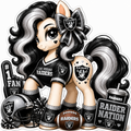 Las Vegas Raiders fan pony sticker in black, silver and white with football helmet and game-day details