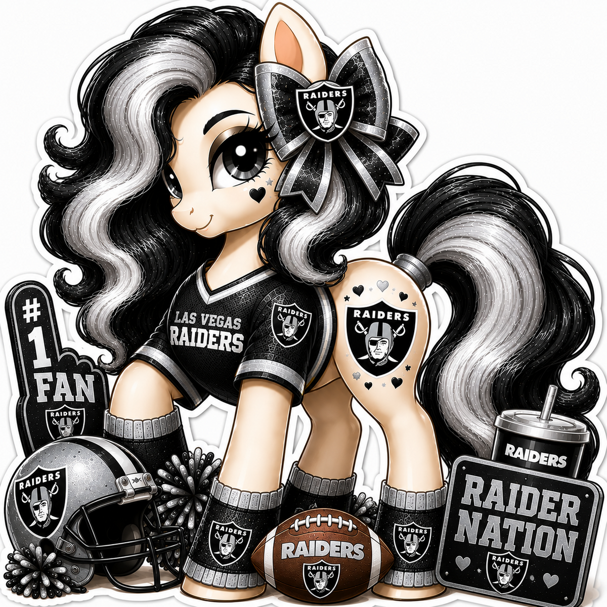 Las Vegas Raiders fan pony sticker in black, silver and white with football helmet and game-day details