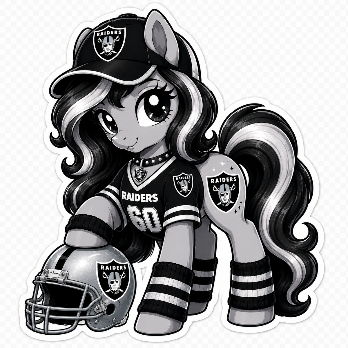 Las Vegas Raiders jersey pony sticker in black, silver and white with cap, number 60 jersey and football helmet