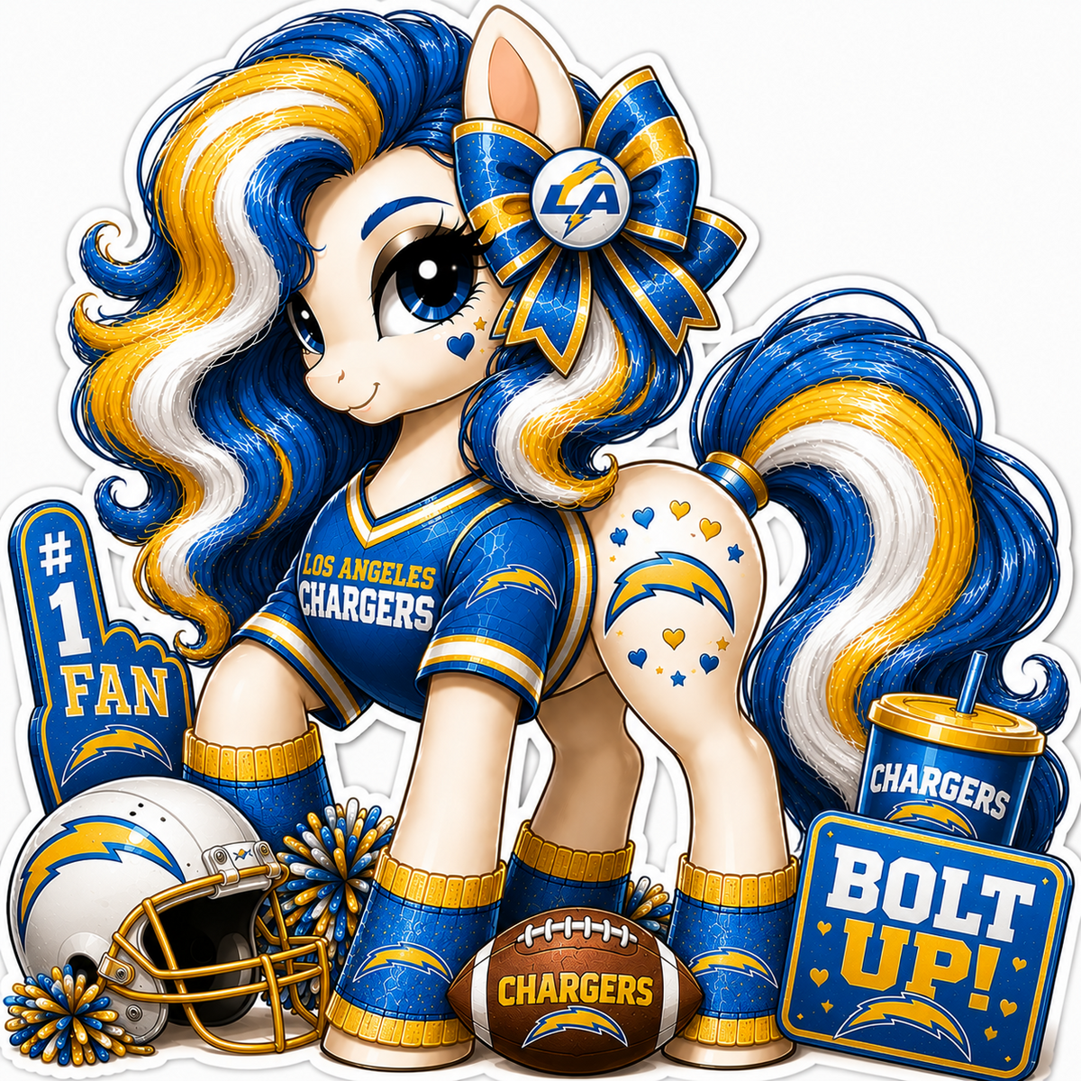 Los Angeles Chargers fan pony sticker in blue, gold and white with football helmet and game-day details