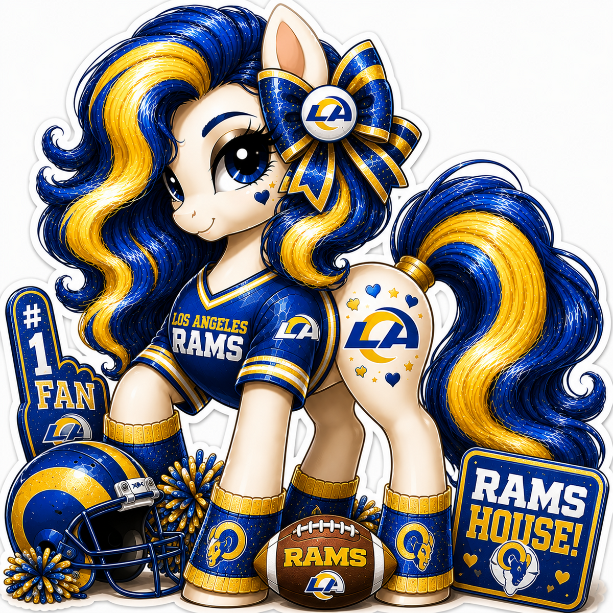 Los Angeles Rams fan pony sticker in royal blue, gold and white with football helmet and game-day accessories