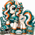 Miami Dolphins fan pony sticker in aqua, orange and white with football helmet, bow and team fan gear