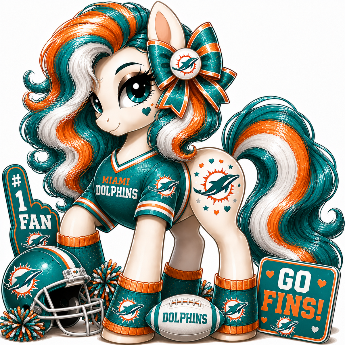 Miami Dolphins fan pony sticker in aqua, orange and white with football helmet, bow and team fan gear