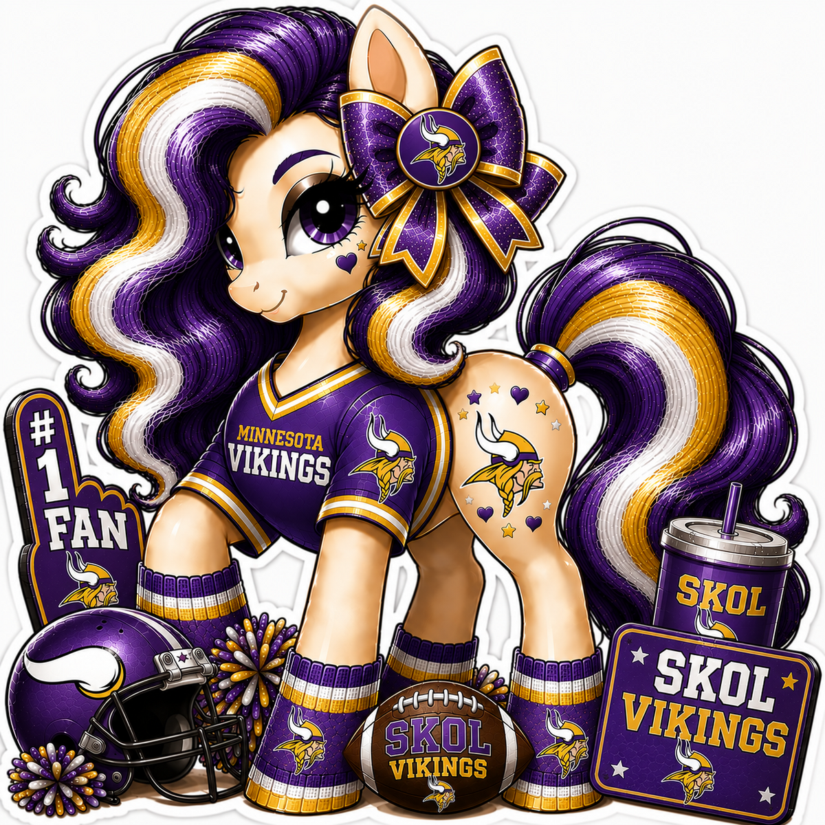Minnesota Vikings fan pony sticker in purple, gold and white with football helmet and game-day details