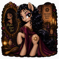 Mother Gothel inspired pony sticker with long black curls, burgundy gown, golden sun symbol, ornate mirror and candlelit tower scene