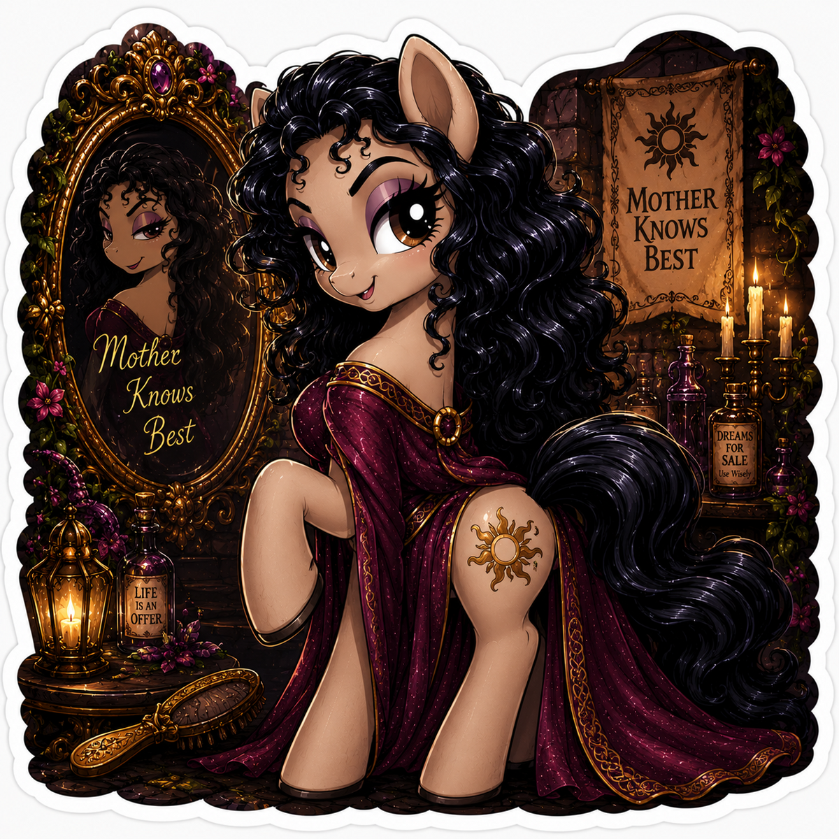 Mother Gothel inspired pony sticker with long black curls, burgundy gown, golden sun symbol, ornate mirror and candlelit tower scene