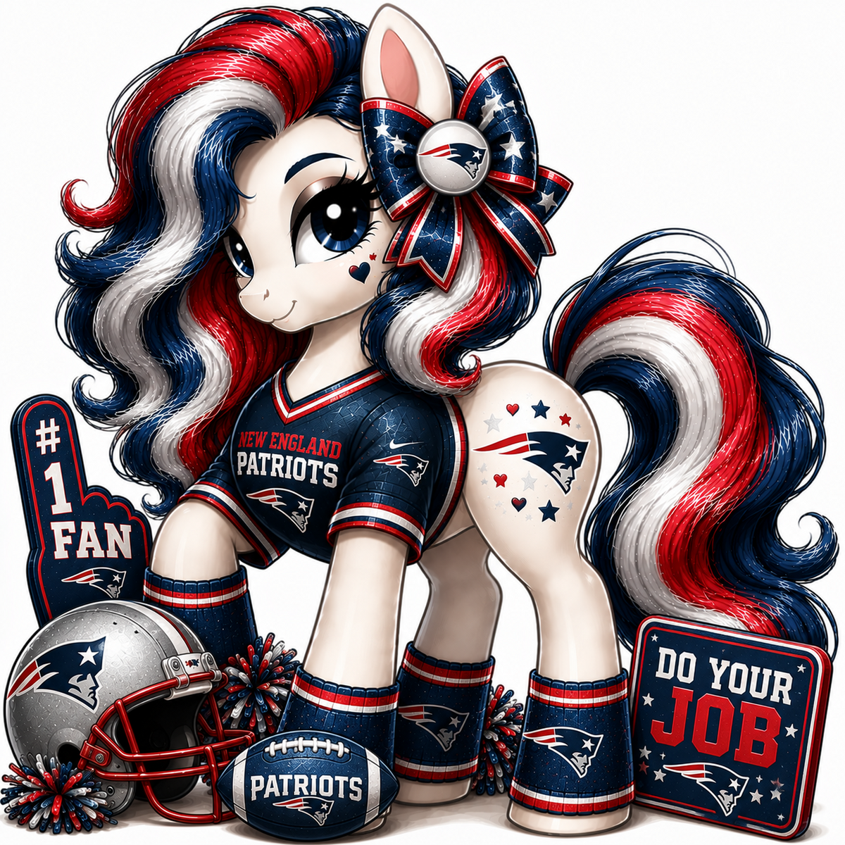 New England Patriots fan pony sticker in navy, red, white and silver with football helmet and game-day accessories