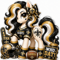 New Orleans Saints fan pony sticker in black, gold and white with football helmet, bow and game-day accessories