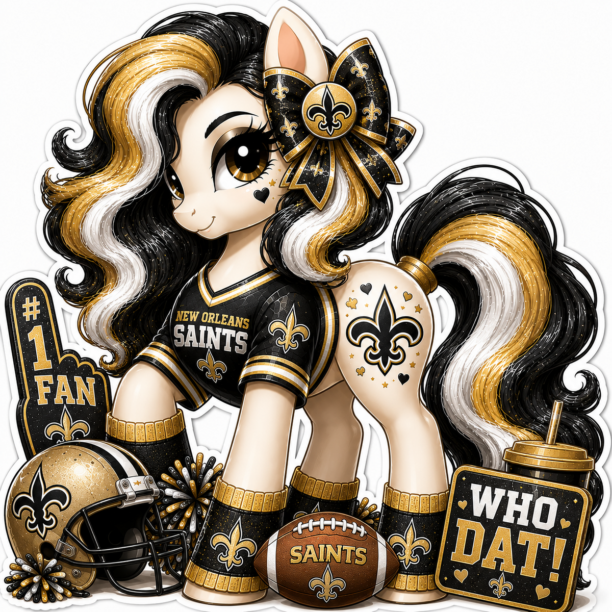 New Orleans Saints fan pony sticker in black, gold and white with football helmet, bow and game-day accessories
