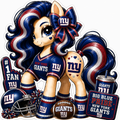 New York Giants fan pony sticker in blue, red and white with football helmet and game-day accessories