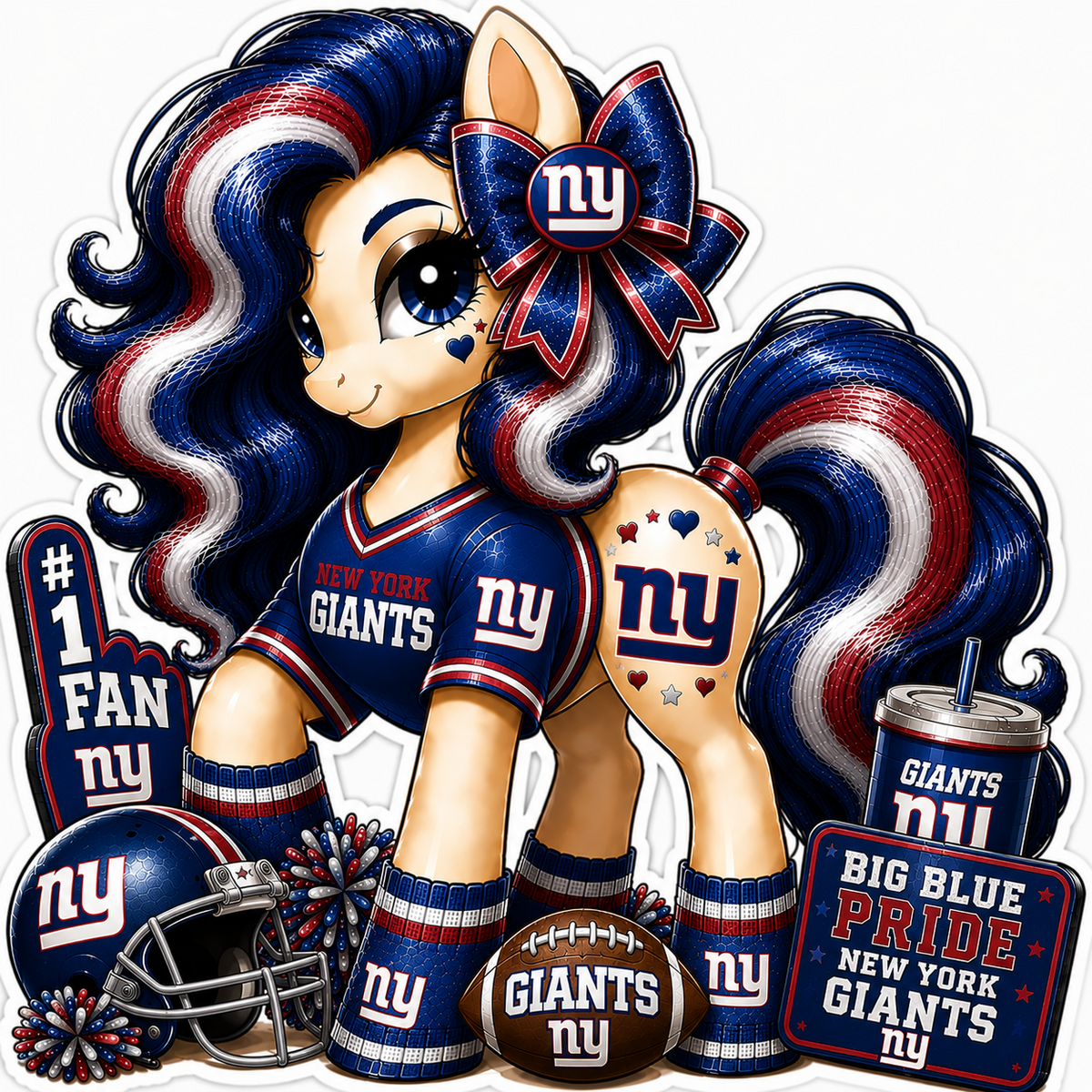 New York Giants fan pony sticker in blue, red and white with football helmet and game-day accessories