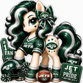 New York Jets fan pony sticker in green, white and silver with football helmet and game-day accessories