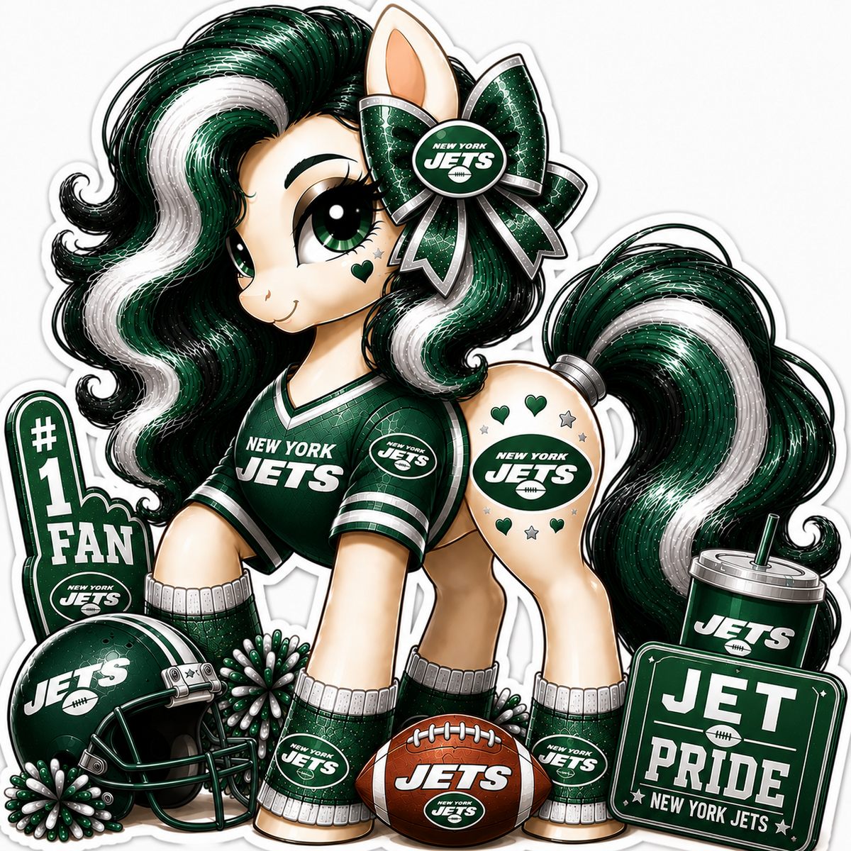 New York Jets fan pony sticker in green, white and silver with football helmet and game-day accessories