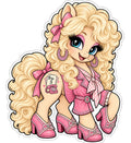 Blonde office pony sticker in a sparkling pink suit with telephone and 9 to 5 design