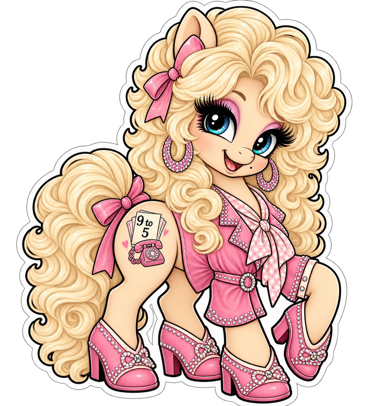 Blonde office pony sticker in a sparkling pink suit with telephone and 9 to 5 design