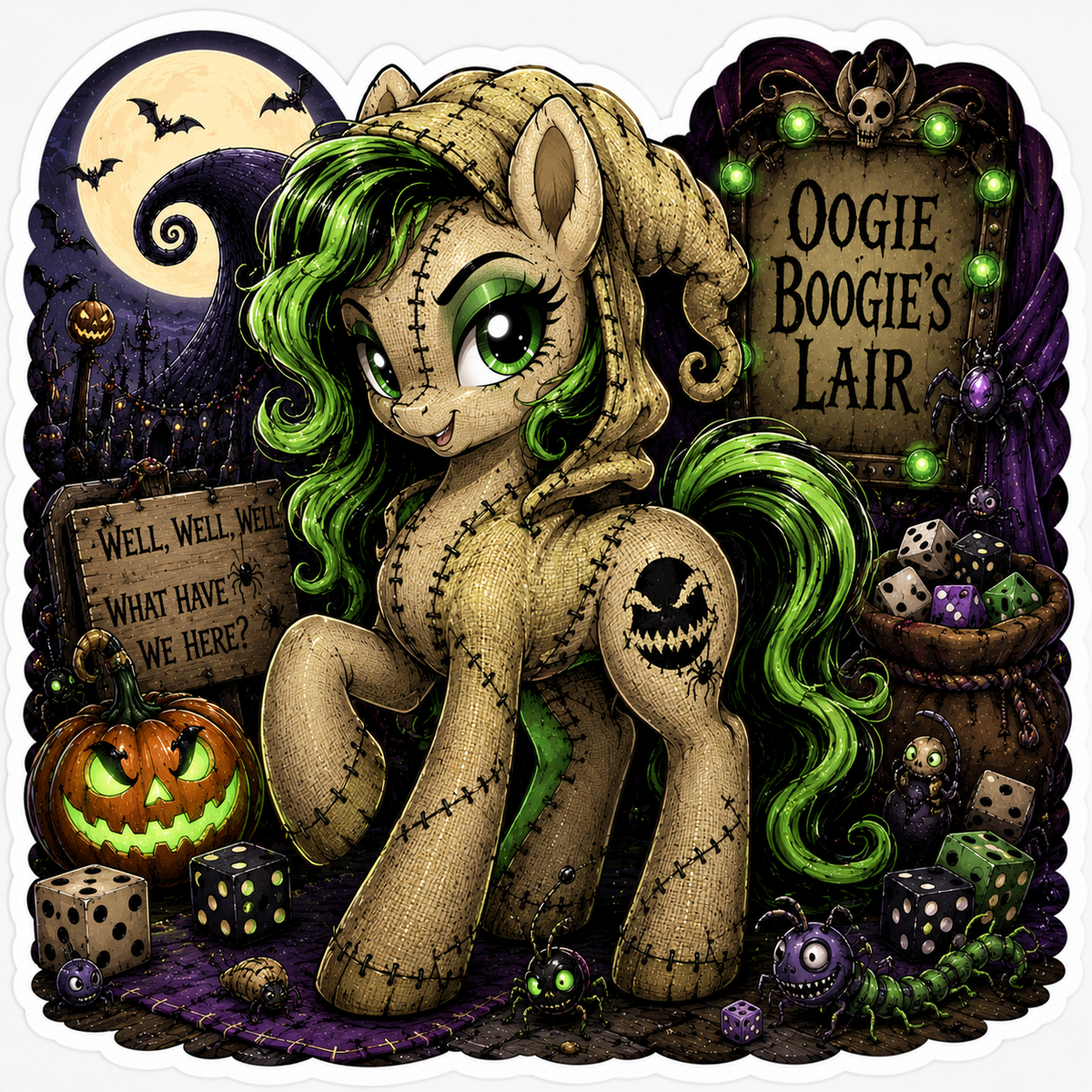 Oogie Boogie inspired pony sticker with burlap texture, neon green mane, dice, jack-o-lantern and spooky lair scene