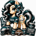 Philadelphia Eagles fan pony sticker in green, black, white and silver with football helmet and fan gear