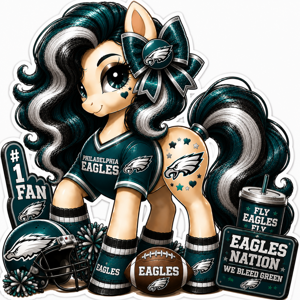 Philadelphia Eagles fan pony sticker in green, black, white and silver with football helmet and fan gear
