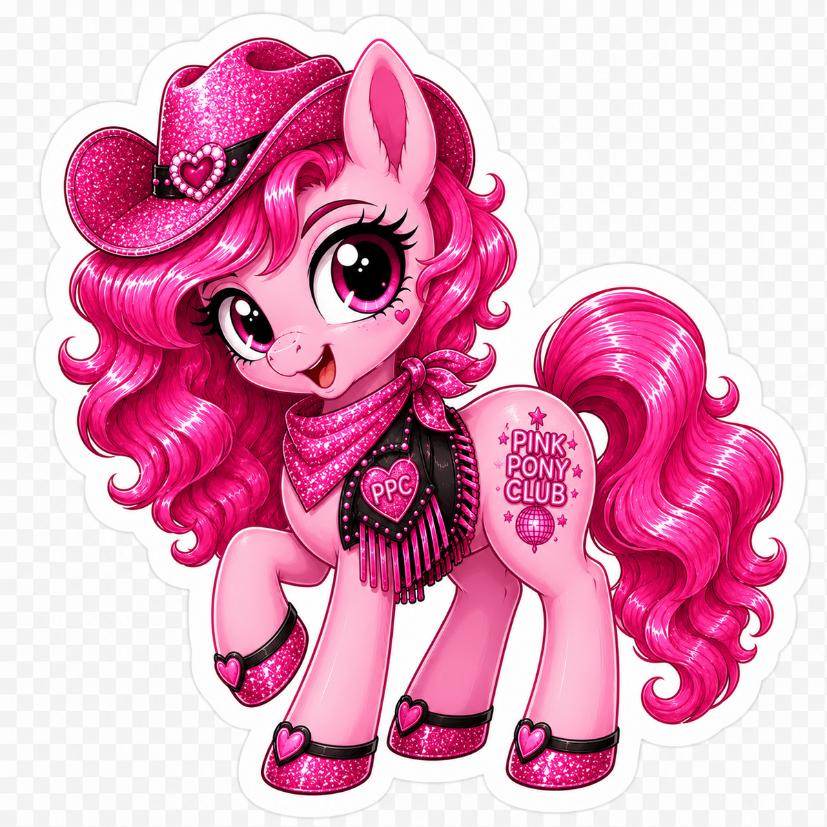 Pink Pony Club inspired pink pony sticker with glitter cowboy hat, sparkly bandana, heart accents and hot pink mane