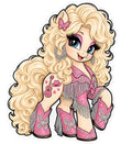 Blonde country pony sticker in a sparkling pink rhinestone fringe outfit with butterfly boots and guitar design