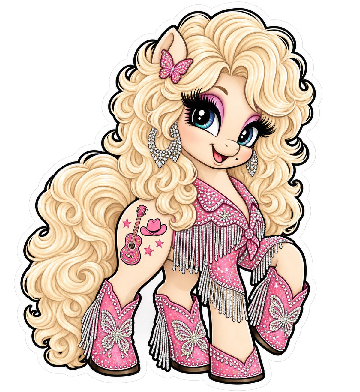 Blonde country pony sticker in a sparkling pink rhinestone fringe outfit with butterfly boots and guitar design