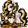 Pittsburgh Steelers fan pony sticker in black, gold, white and silver with football helmet and game-day details