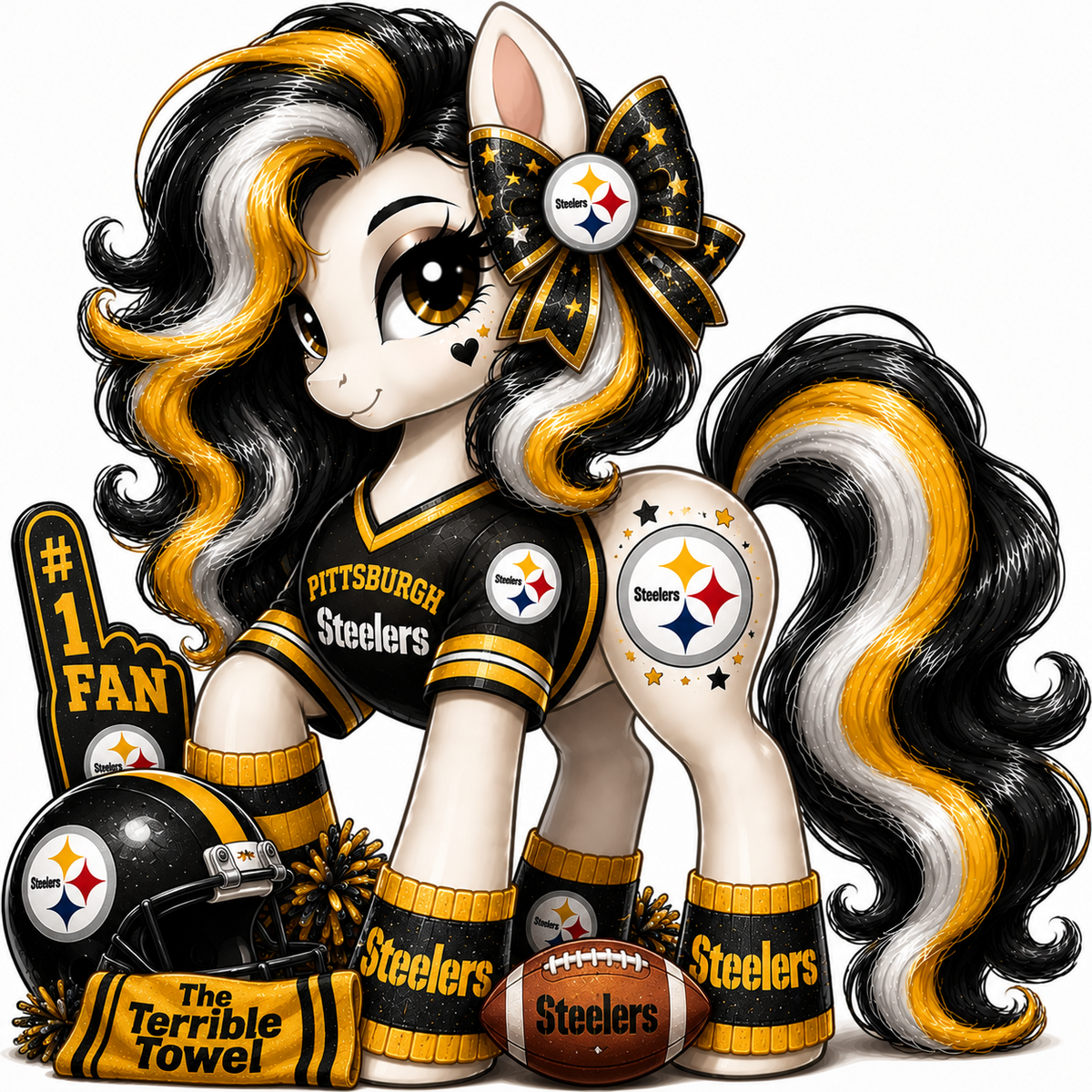 Pittsburgh Steelers fan pony sticker in black, gold, white and silver with football helmet and game-day details
