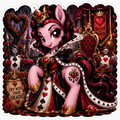Queen of Hearts inspired pony sticker in red, black and gold royal costume with heart crown, card guards, roses and throne