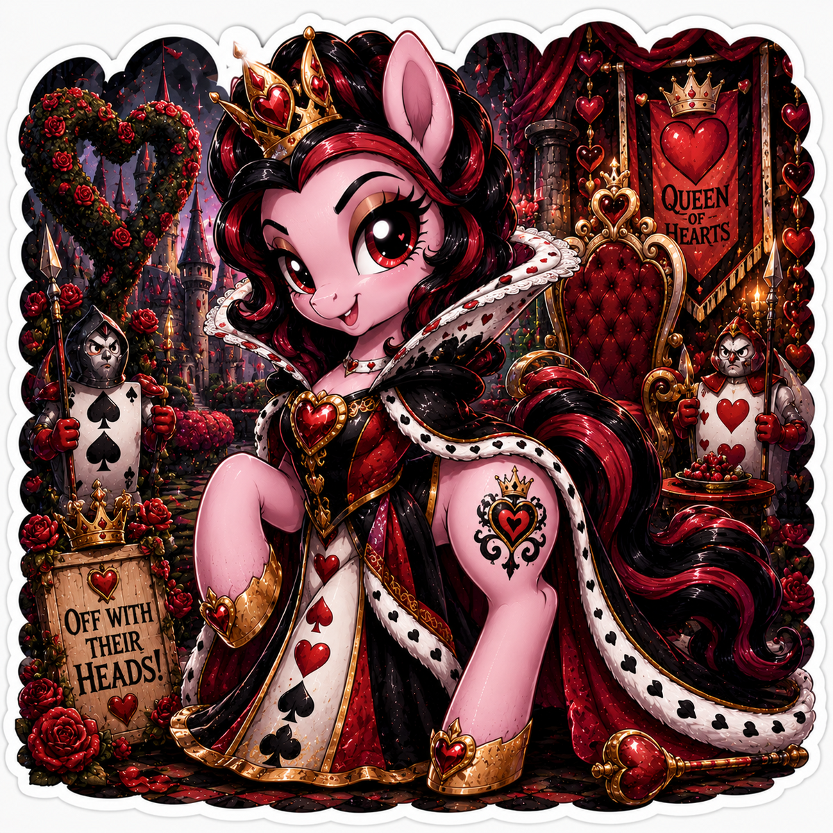 Queen of Hearts inspired pony sticker in red, black and gold royal costume with heart crown, card guards, roses and throne