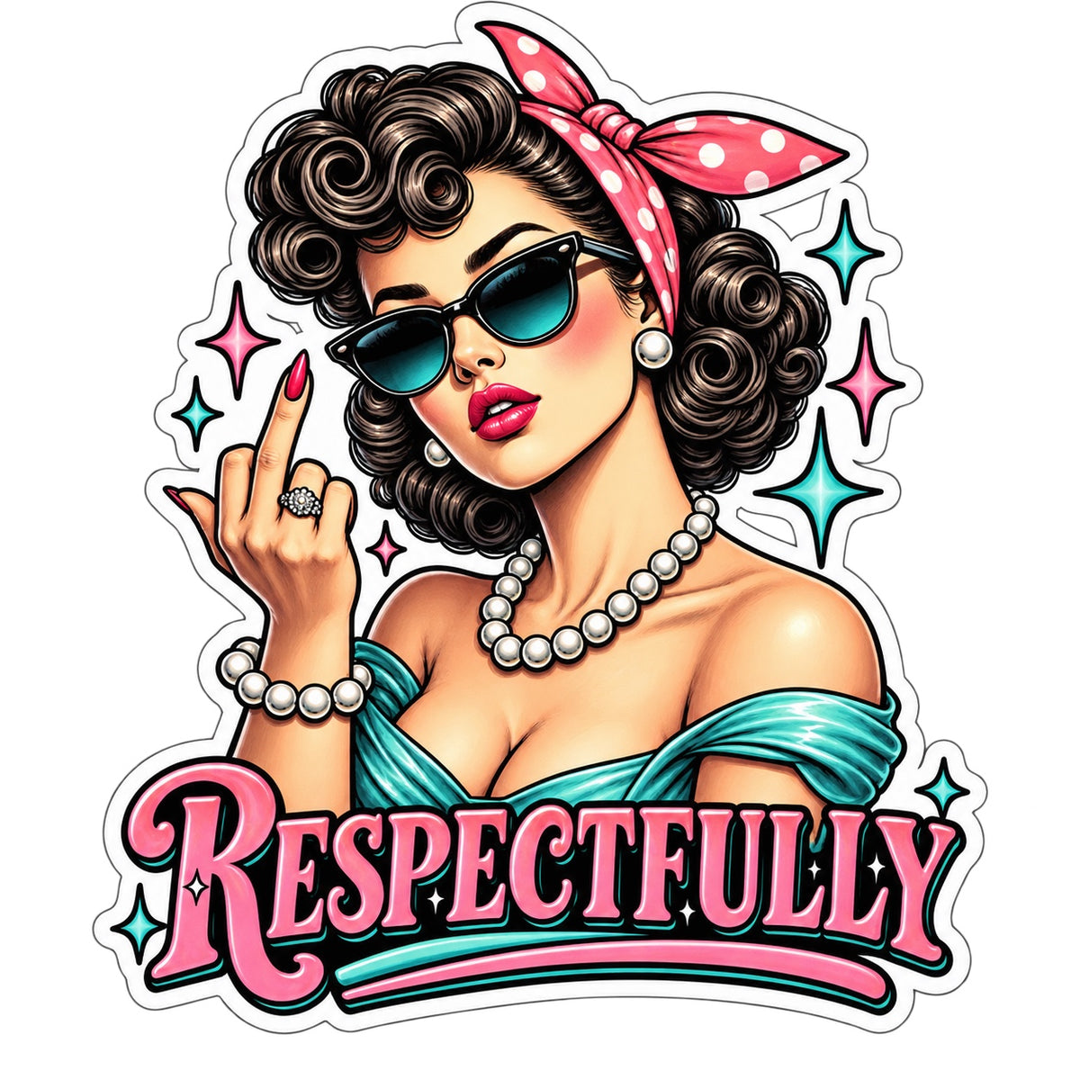 Retro woman in sunglasses giving the middle finger with pink and teal accents and the word Respectfully